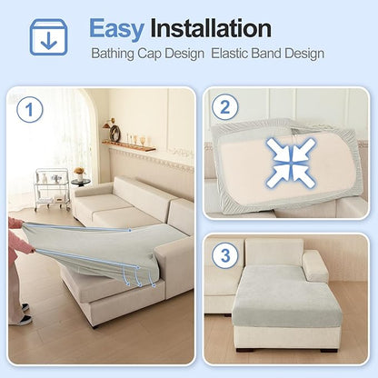Large Chaise Cushion Cover, Non-Fuzzy Chenille Couch Covers with Clean Look for Sectional or L Shaped Sofa Chaise, Fits Left or Right Side, Durable Lounge Seat Protector (1 Piece, Light Grey)