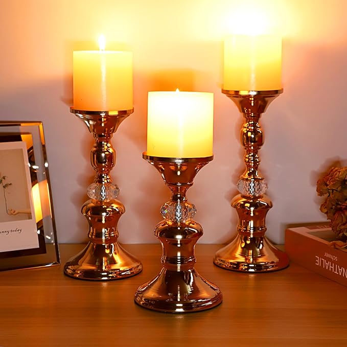 OwnMy Set of 3 Rose Gold Metal Pillar Candlestick Holders Brass Pillar Candle Holders for 3 Inch Candles, Elegant Metal Crystal Candle Stands for Dining Table, 6.7"+8.3"+9.3" Height Set