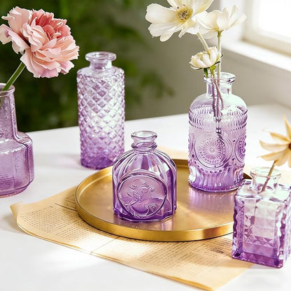 Amethyst Purple Ombré Glass Bud Vases Set of 12, Vintage Small Flower Vases for Centerpiece, Boho Wedding, Party, Baby Shower, Embossed Assorted Tiny Vase Bulk for Table, Mantel, Home Decor