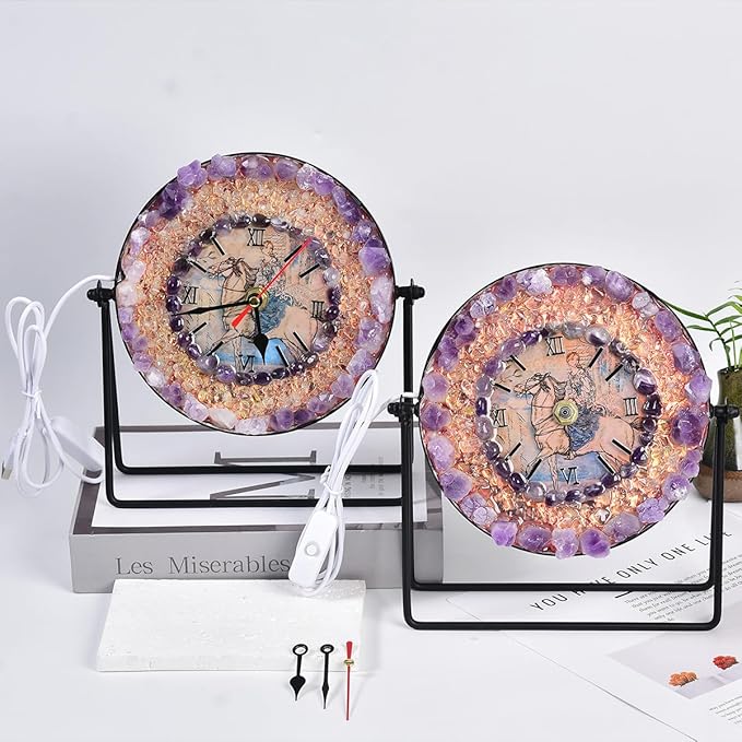 JIC Gem Amethyst Crystal Clock with Lamp Decorative Desk Clock Purple Amethyst Stone USB Port Night Light Home Office Decor
