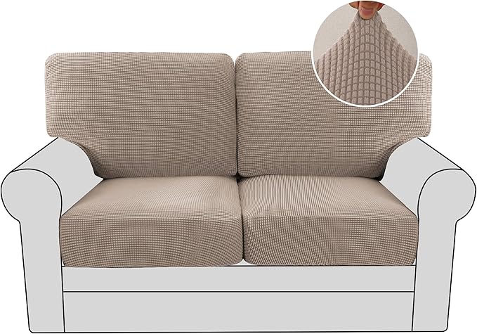 H.VERSAILTEX Multi-Pieces Loveseat Covers for 2 Cushion Couch High Stretch Couch Cushion Covers Jacquard Textured Twill Fabric(2 Seat Covers Plus 2 Back Cushion Covers, Sand)
