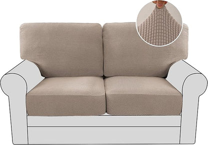 H.VERSAILTEX Multi-Pieces Loveseat Covers for 2 Cushion Couch High Stretch Couch Cushion Covers Jacquard Textured Twill Fabric(2 Seat Covers Plus 2 Back Cushion Covers, Sand)