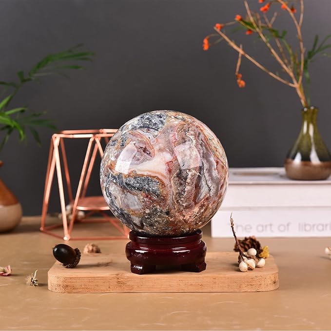 JIC Gem Large Striped Agate Crystal Sphere Ball with Wooden Stand Healing Crystal Decorative Ball Meditation Feng Shui 90-100mm