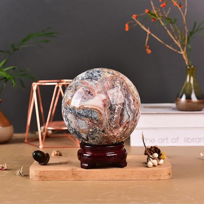 JIC Gem Large Striped Agate Crystal Sphere Ball with Wooden Stand Healing Crystal Decorative Ball Meditation Feng Shui 90-100mm