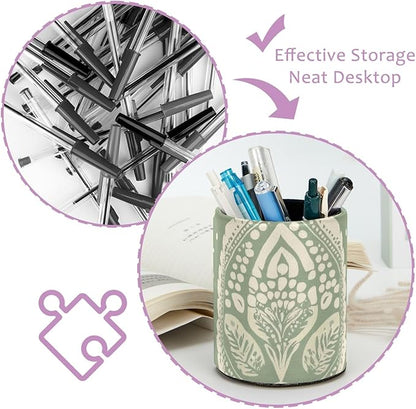 Sage Green Flowers Leaves and Dots Pattern Pen Pencil Holder for Desk, Pen Pencil Cup Table Stationery Organizer Makeup Brush Holder for School Home Office Supplies