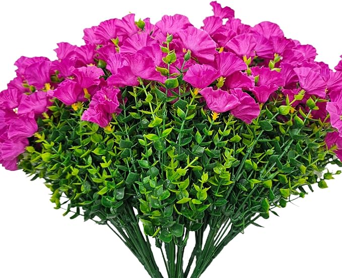 Artificial Silk Flowers for Outdoor Decoration,12 Bundles Faux Flowers Colorful Morning Glory with Eucalyptus Fake Plants Greenery UV Resistant for Outside Front Door Planter Porch Patio Yard