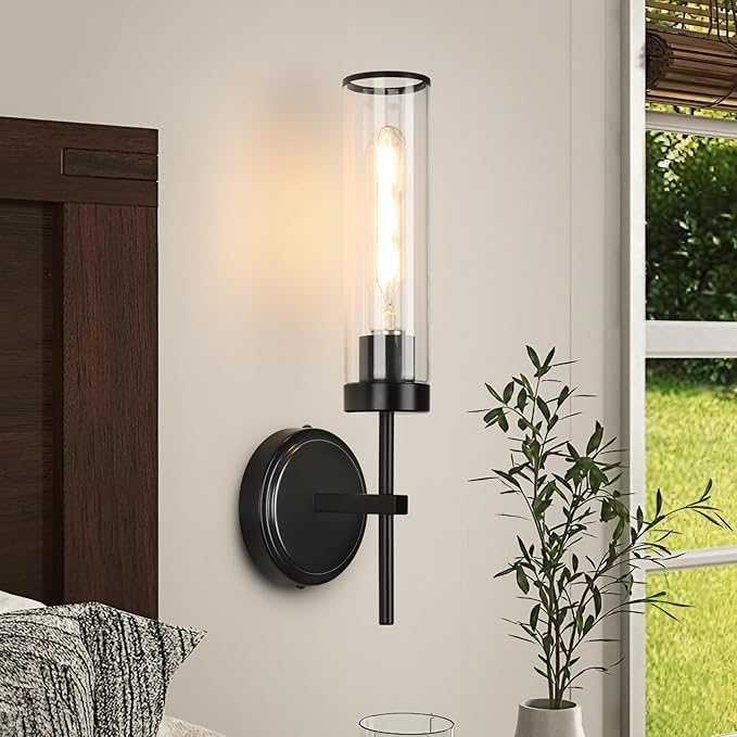 Wall Sconces Set of Two,Black Modern Wall Lighting 16" Bathroom Sconces Wall Lighting 60W with Clear Glass Shade for Living Room Corridor Mirror Bedroom Stairs