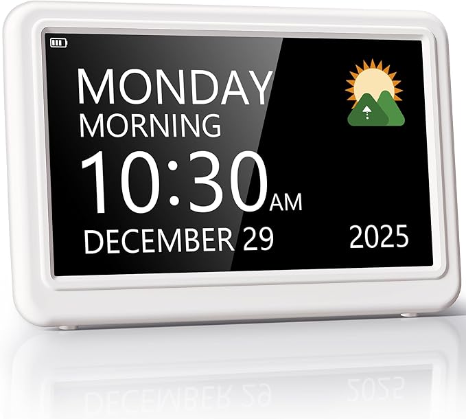 Rechargeable Digital Clock with Day and Date for Elderly, 7" Large Digital Calendar Clock for Seniors, 20 Alarms & Medication Reminders, Auto DST/Dimmer, 12 Themes, Best Gifts for People with Dementia