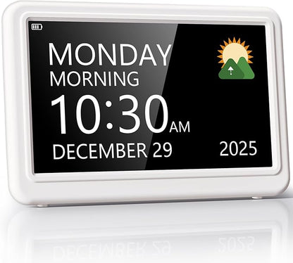Rechargeable Digital Clock with Day and Date for Elderly, 7" Large Digital Calendar Clock for Seniors, 20 Alarms & Medication Reminders, Auto DST/Dimmer, 12 Themes, Best Gifts for People with Dementia