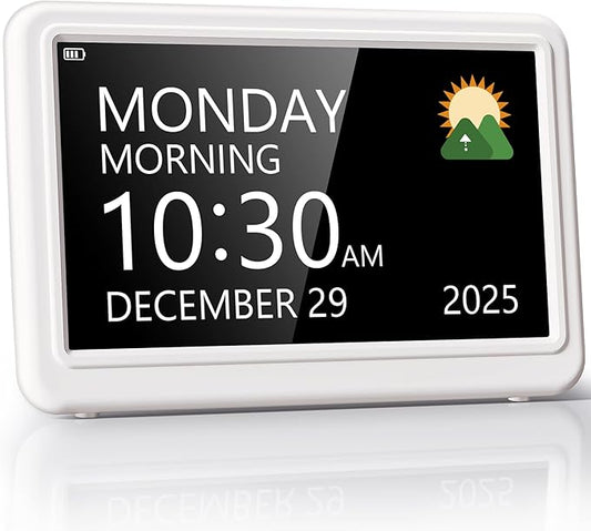 Rechargeable Digital Clock with Day and Date for Elderly, 7" Large Digital Calendar Clock for Seniors, 20 Alarms & Medication Reminders, Auto DST/Dimmer, 12 Themes, Best Gifts for People with Dementia