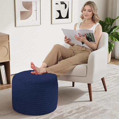 MeMoreCool Stuffed Round Pouf Ottoman Foot Rest, Soft Plush Floor Pouf Foot Stool, Corduray Footstool Footrest, Small Round Ottoman for Living Room Couch Sofa Chair, 20x15 Inch Navy