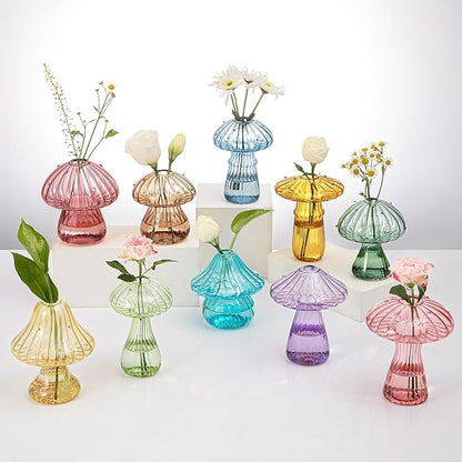 Mushroom Glass Vases for Indoor Plants, Set of 10 Colored Plant Propagation Stations, Cute Mini Terrarium, Unique Small Hydroponic Pots for Flowers, Decor Vase Gifts for Women