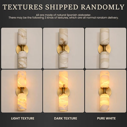 Alabaster Wall Sconces Set of Two, 22in Modern Spanish Natural Marble Bathroom Vanity Sconces, Brass Alabaster Sconce Wall Lighting, Gold Wall Light Fixtures Decor for Bedroom Living Room Staircases