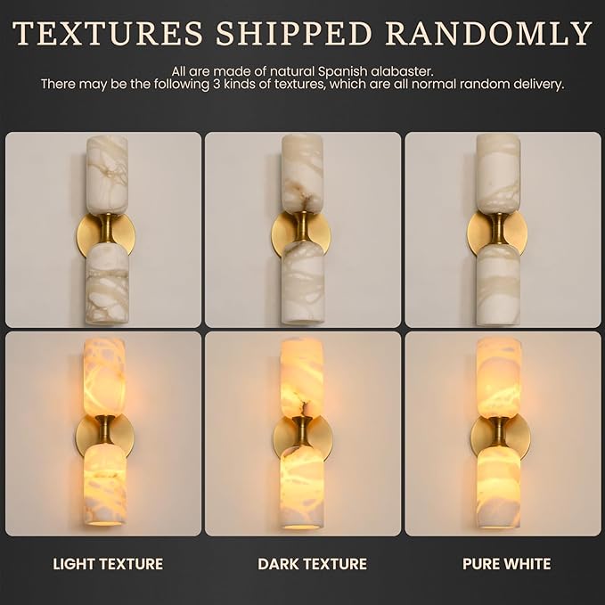14in Modern Spanish Natural Marble Bathroom Vanity Sconces, Alabaster Wall Sconces Set of Two, Black Alabaster Sconce Wall Lighting, Black Wall Light Fixtures Decor