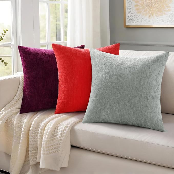 decorUhome Chenille Red Throw Pillow Covers 12x20 Inch Set of 2, Decorative Soft Couch Pillow Covers Solid Dyed Accent Farmhouse Neutral Rectangle Pillow Cases for Sofa