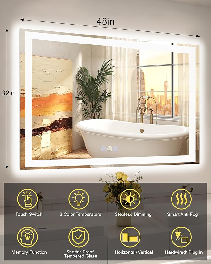 32"x 48" LED Mirror for Bathroom, Front and Backlit Wall LED Vanity Mirror with Lights, Controlled Separately, Stepless Dimmable, Anti Fog, Memory LED Bathroom Mirror(ETL)