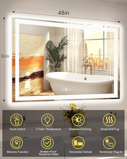 32"x 48" LED Mirror for Bathroom, Front and Backlit Wall LED Vanity Mirror with Lights, Controlled Separately, Stepless Dimmable, Anti Fog, Memory LED Bathroom Mirror(ETL)