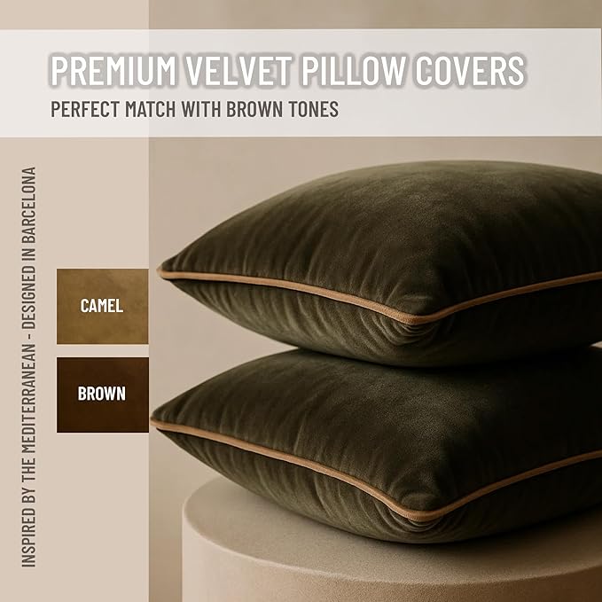 2 Pack Polyester Decorative Throw Pillow Covers, 12"x20", Green and Camel, Solid, Modern, Contrast Piping, Indoor Use, Bedroom & Living Room