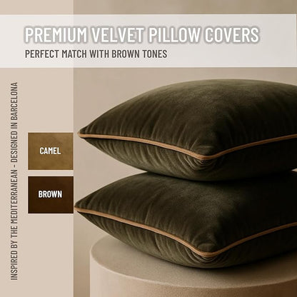 2 Pack Velvet Decorative Throw Pillow Covers, 20"x20", Green and Camel, Solid, Modern, Contrast Piping, Indoor Use, Bedroom & Living Room