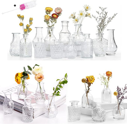 Glass Bud Vase Set of 22 Bud Vases in Bulk with Brush, Glass Vases for Centerpieces Cute, Vintage Wedding Decor Clear Bulk Mini Vase for Rustic Wedding Decorations, Home Table Flower Decor
