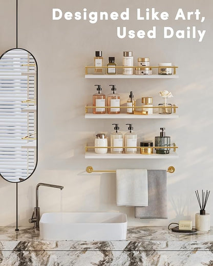 Onlysky Bathoom Shelves, Floaiting Shelves for Bathroom, Set of 3, Bathroom Shelf Wall Mounted (White Gold, 15.7 Inches, 3)