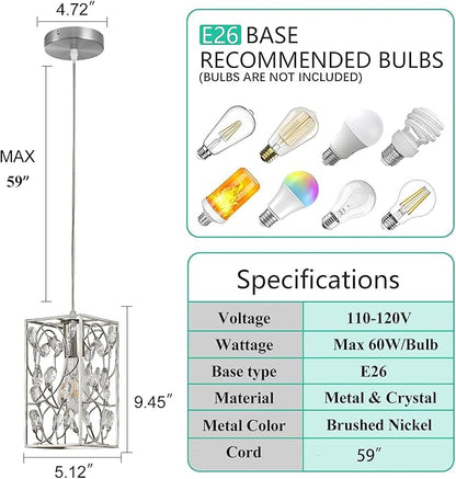 Modern Mini Crystal Pendant Light with Metal Cage 1-Light Rectangular Pendant Lighting Fixture for Kitchen Island Sink Countertop Dining Room Farmhouse, Brushed Nickel Finish