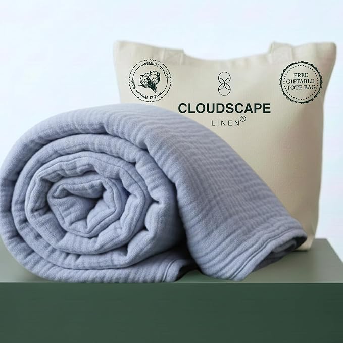 Luxury 100% Cotton Muslin Blanket Twin Size, 4 Layer 68x90 Fits Upto TwinXL Bed, Soft Cotton Gauze Quilt, Layering Winter Blankets for Bed, All Season Lavender Blue Bedding