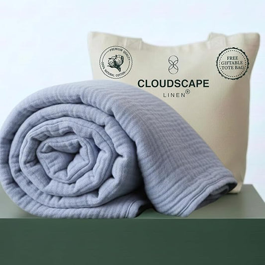 Luxury 100% Cotton Muslin Blanket Twin Size, 4 Layer 68x90 Fits Upto TwinXL Bed, Soft Cotton Gauze Quilt, Layering Winter Blankets for Bed, All Season Lavender Blue Bedding