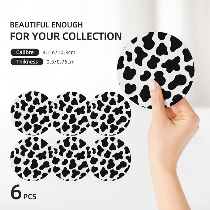 6 Pcs Ceramic Coasters with Holder Absorbent Drink Round Animal Cow White Black Spot Design for Home Table Coffee Cup Wine Beer Bar,Size 4.4 inches