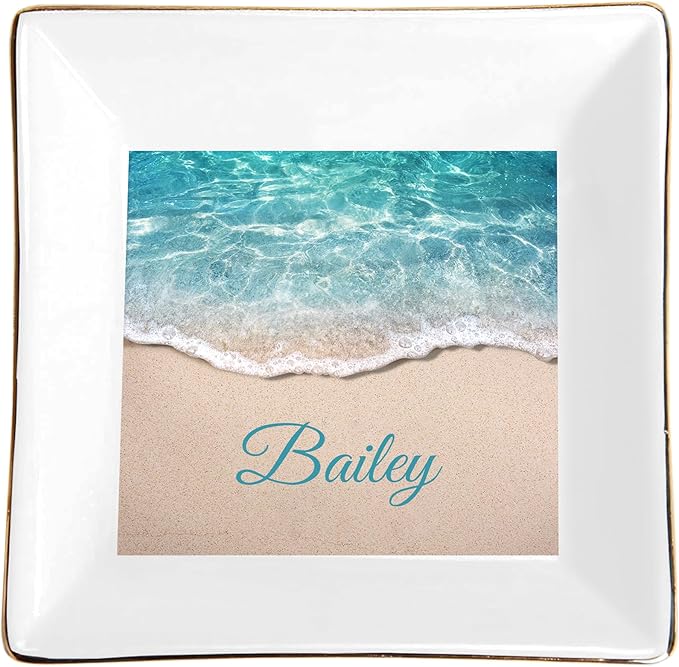 Seaside Pattern Custom Ceramic Jewelry Tray with Name, Personalized Ring Dish Holder for Her, Elegant Trinket Tray Birthday Christmas Wedding Gifts for Mom Mother Sister Friends