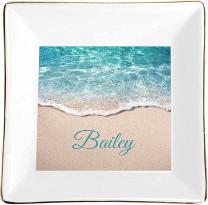 Seaside Pattern Custom Ceramic Jewelry Tray with Name, Personalized Ring Dish Holder for Her, Elegant Trinket Tray Birthday Christmas Wedding Gifts for Mom Mother Sister Friends