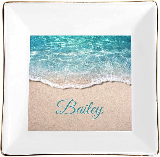 Seaside Pattern Custom Ceramic Jewelry Tray with Name, Personalized Ring Dish Holder for Her, Elegant Trinket Tray Birthday Christmas Wedding Gifts for Mom Mother Sister Friends