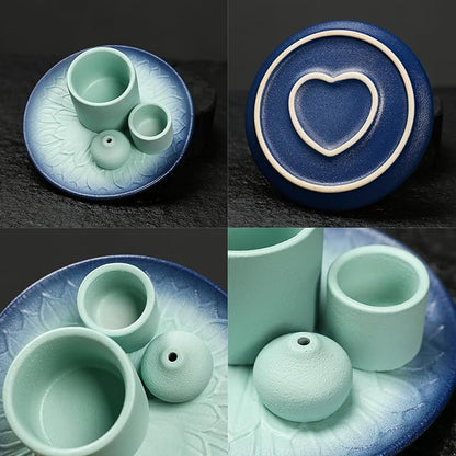 4 in 1 Multifunctional Ceramic Incense and Candle Holder with Ash Catcher Tray Suit for Burning White Sage, Palo Santo Sticks (Sky Blue)