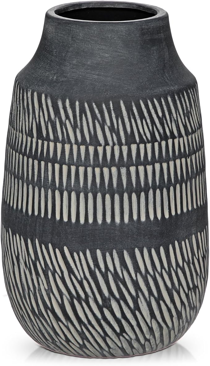 9" Textured Vase with Linear Stripe, Rustic Ceramic Vase for Home Office Tabletop Decor, Industrial, Vintage & Farmhouse Style, Slender & Dark Grey
