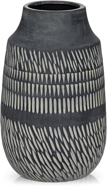 9" Textured Vase with Linear Stripe, Rustic Ceramic Vase for Home Office Tabletop Decor, Industrial, Vintage & Farmhouse Style, Slender & Dark Grey