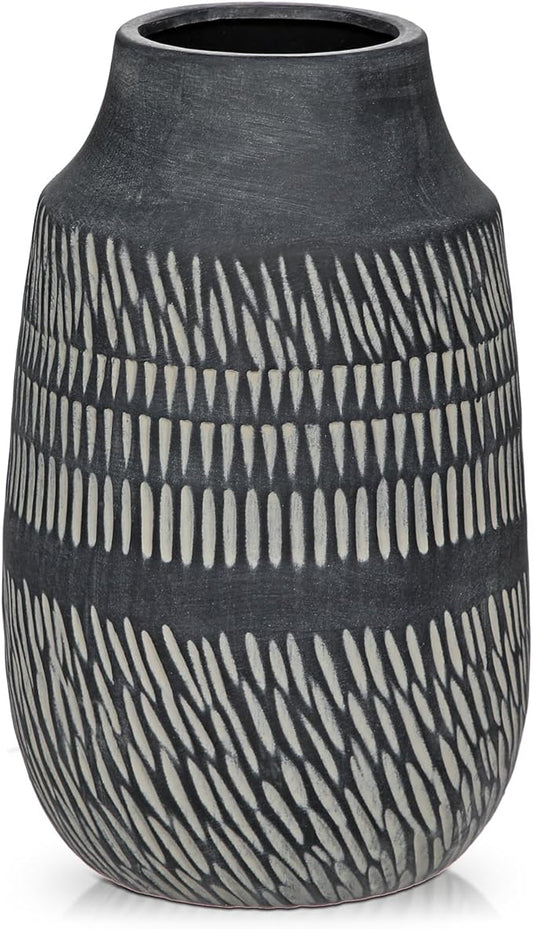 9" Textured Vase with Linear Stripe, Rustic Ceramic Vase for Home Office Tabletop Decor, Industrial, Vintage & Farmhouse Style, Slender & Dark Grey