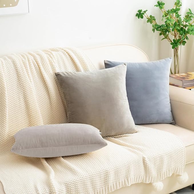 HWY 50 Silver Gray Velvet Throw Pillow Covers 16x16 Inch, Pack of 2 Soft Cozy Solid Decorative Luxury Cushion Cases for Couch Sofa Bed Living Room Bedroom