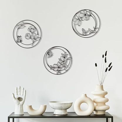 Pinetree Art 3 Pieces Metal Flowers Wall Decor, Modern Black Circle Floral Wall Art, Rustic Farmhouse Butterfly and Flower Wall Decor for Bathroom Kitchen Living Room Garden Office (black)