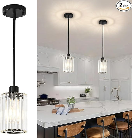 Crystal Pendant Lights for Kitchen Island, 2 Pack Modern Black Kitchen Pendant Light Fixtures, Mini Crystal Hanging Lights for Kitchen, Dining Room, Hallway, Foyer, Entryways
