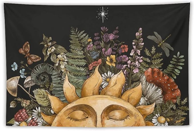 Vintage Sun Tapestry Wall Hanging,Hippie Boho Mushroom Floral Plant Tapestries for College Dorm Living Room Bedroom Decor(60"x90")