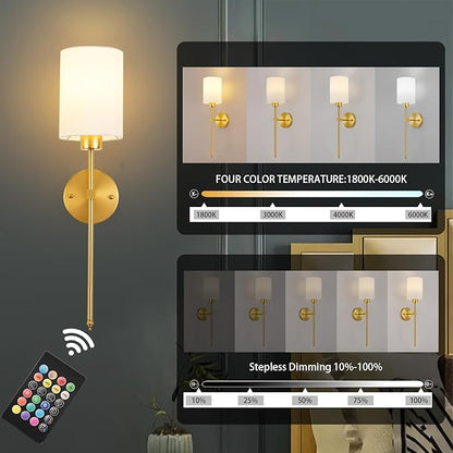 Battery Operated Wall Sconce Set of Two,Wireless Rechargeable Wall Light With Remote Control, Dimmable, 1800K/3000K/4000K/6000K/RGB, Timer, for Living Room, Bedroom, Fireplace, TV, 26.8 Inch, Gold
