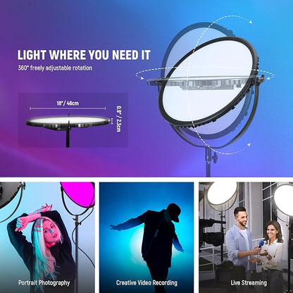NEEWER 18" RGB LED Round Panel Video Light with APP Control, 65W 6000Lux/0.5m 2500K-8500K RGBCW Photography Studio Lighting /18 Scenes/V Battery Powered for Outdoor Filming Recording Streaming, GR18C