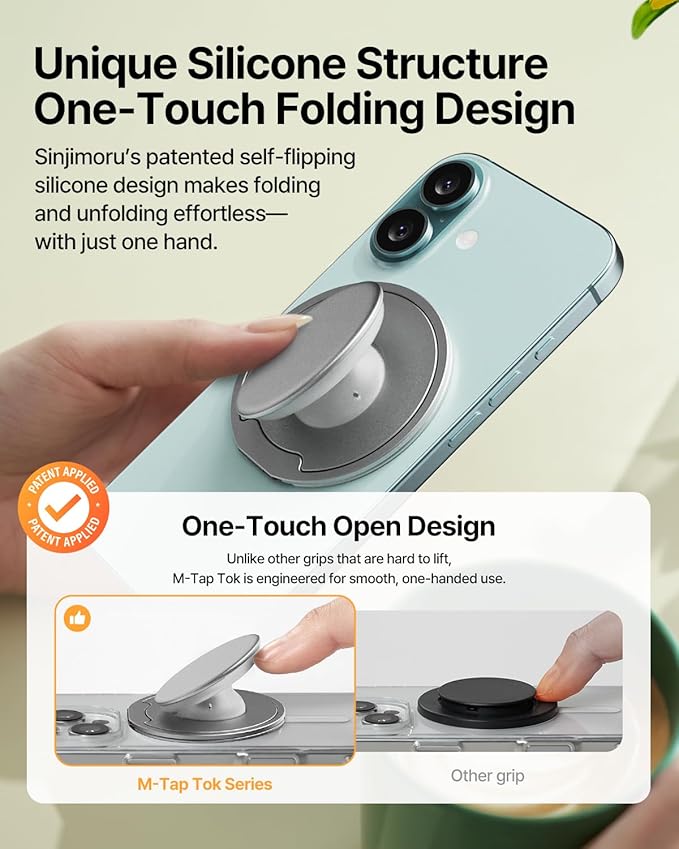 Sinjimoru for MagSafe Phone Grip — 3000G Magnetic Hold, Soft Silicone Comfort, Metal Plate Included, iPhone 17/16/15/14/13, M-Tap Tok Ring Stand Pink