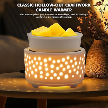 EQUSUPRO Ceramic Wax Melts Warmer–Electric Candle Wax Warmer for Scented Wax PTC Heating 5-in-1 Night Light Electric Wax Burner Fragrance Wax Melter for Home Office Decor & Gift (Hollow-Out)
