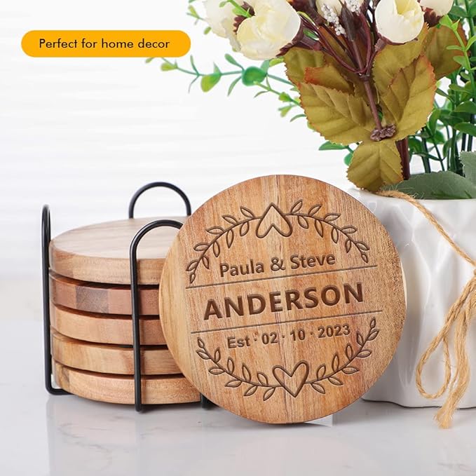 Wood Coasters for Drinks with Bottle Opener Holder Set of 6, Acacia Wooden Cup Coaster for Coffee Table Dining Table Desk with Non-Slip Pad for Dad Home Office Christmas Decor 4 Inch