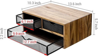 MyGift Premium Acacia Solid Wood Desktop Organizer Box with 3 Removable Black Metal Mesh Trays, Rustic Office Desk Supplies Storage Drawers for Accessories