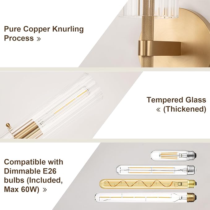 Brass Gold 2-Light Knurled Wall Sconce, Dual-Head Vanity Lamp Set of Two with Vertical Striped Glass Tube, Bathroom Wall Sconces, Wall Lights for Living Room Bedroom Hallway Kitchen Bathroom Mirror
