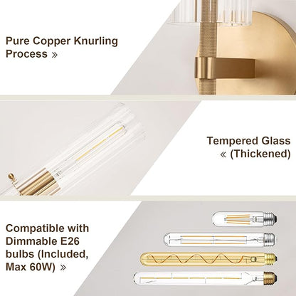 Brass Gold 2-Light Knurled Wall Sconce, Dual-Head Vanity Lamp Set of Two with Vertical Striped Glass Tube, Bathroom Wall Sconces, Wall Lights for Living Room Bedroom Hallway Kitchen Bathroom Mirror