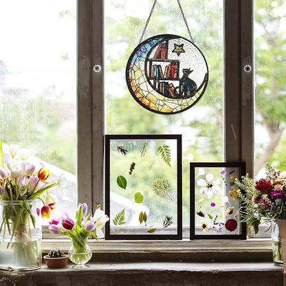 Cat Suncatcher - Sun Catchers Indoor Window, Celestial Stained Glass Window Hanging Decor with Star & Bookshelf Design, Pet Memorial Gift for Cat Lovers, Grieving Pet Owners, or Gothic Home Aesthetic