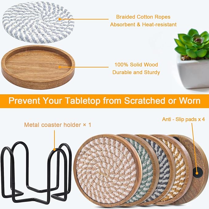 Coasters for Drinks Absorbent Sets of 5, Woven Coasters with Holder, Housewarming Gift for Farmhouse Home Decor, 4 inches (Colorful Series)